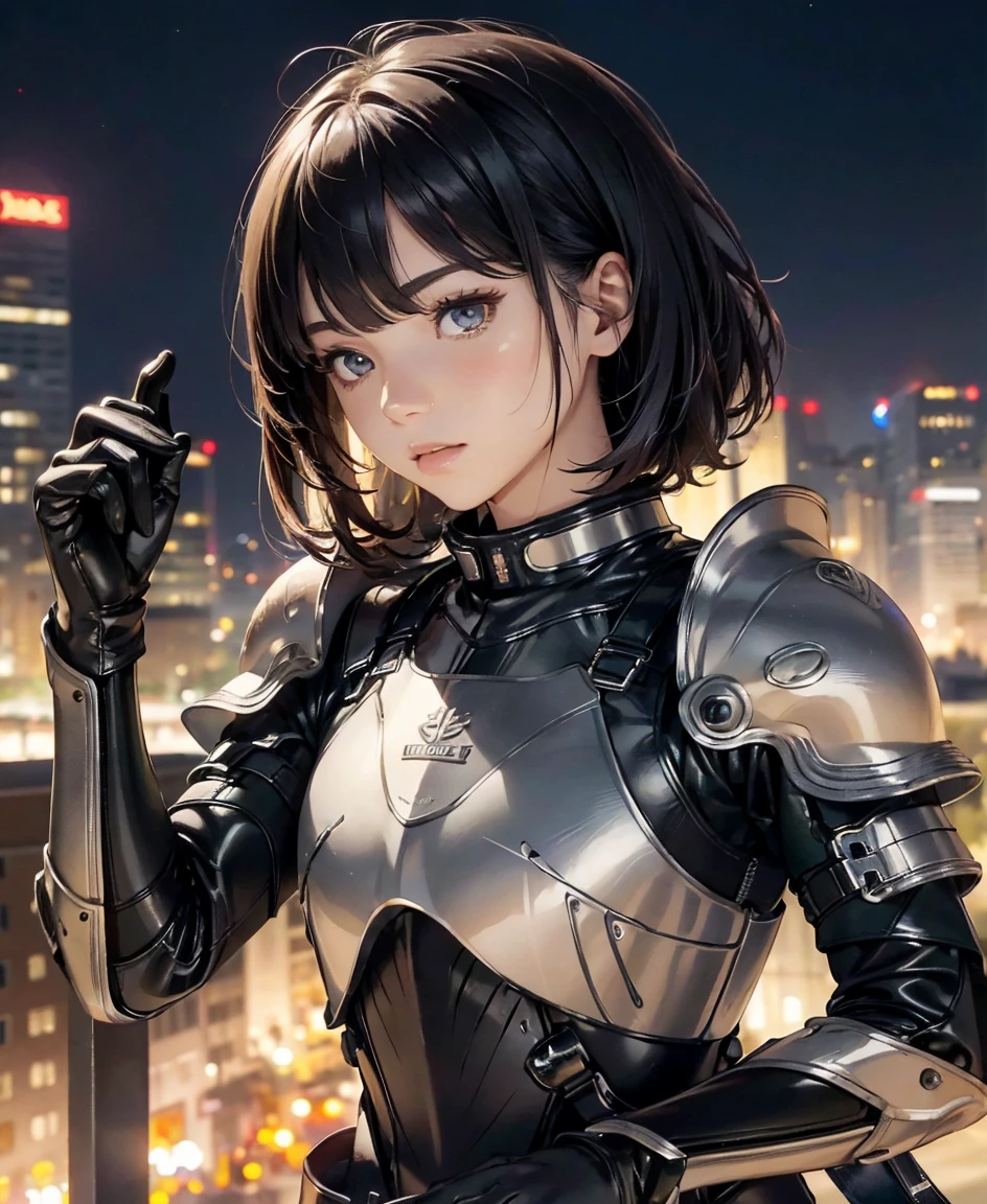(highest quality,4K,8k,High resolution,masterpiece:1.2),Super detailed,(Realistic,photoRealistic,photo-Realistic:1.37), A Japanese female fighter with a slim build and small face, cute, 1 girl, 18-year-old, Kneeling pose, Super short black hair, A tight-fitting combat suit in shiny black with a patent leather finish, Tight suit, gloves, Steel City Background, Night lighting