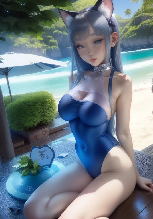 girl、、Bink、leotard、whole body。blue eyes、Gray Hair、functional、Seductive pose、front、noon、Outdoor、garden、Beach、No cat ears。