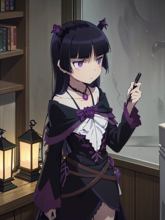 (ruri gokou), WitchcraftPunkAI, modern, One girl, alone, beautiful girl, Black princess cut, witch, Front light, Cinematic Light, Cold Light, (witchの帽子), Red clothes, indoor, mystery, Fantasy, Magic wand, grace, Enchanting, mysterious, ダークFantasy, elegant, High Fashion, Dramatic, Enhanced shadows, Light and shadow contrast, Sharp details, Attractive look, Charisma, Charming atmosphere