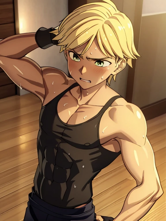 Highres, Masterpiece, Best quality at best, Best Quality, high quality, high detailed, boy, 1boy, Adrien agreste, blonde, chiseled abs, chiseled pecs, sweating, wet, glistening skin, shiny skin, oiled up, black tank top, (masterpiece, 3D anime style, more detail, ultra detail), adult boy, tank top, upper body, working out, chiseled abs, chiseled pecs, indoors, exhausted,