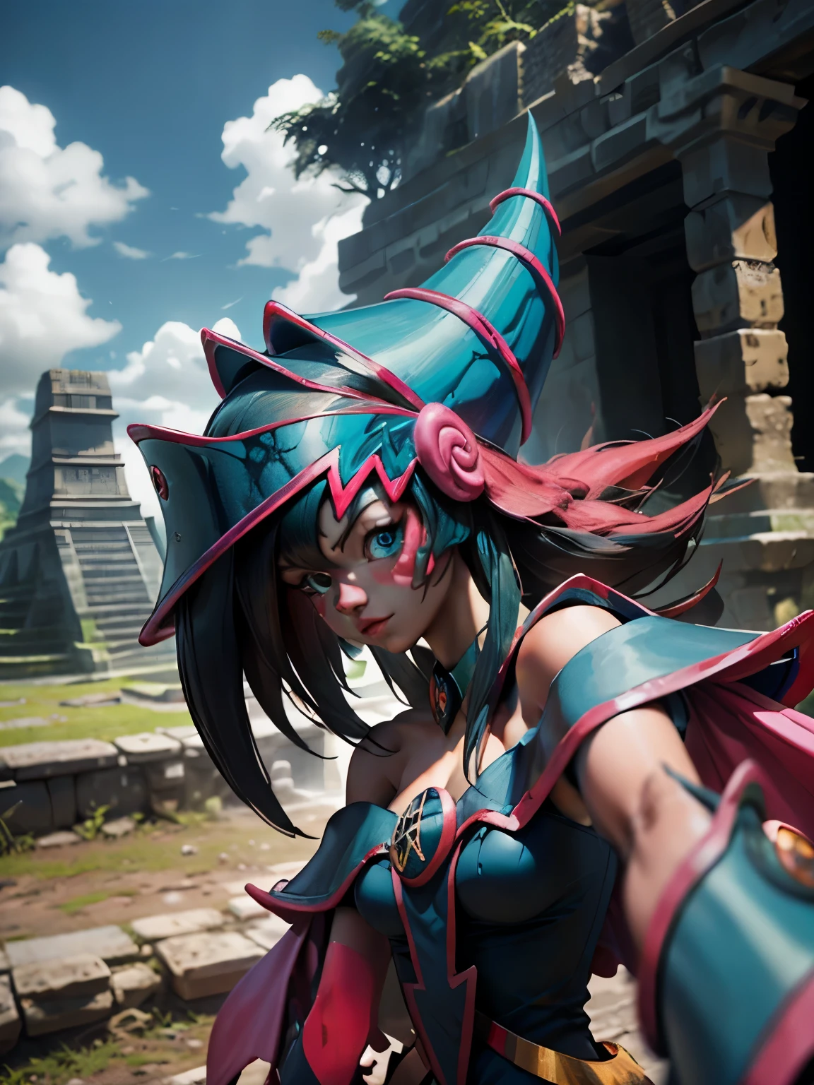 Dark magician taking a selfie in some Mayan ruins. Ella tiene cabello rubio. ojos azules. Labios rojos. Se toma una selfies en unas ruinas mayas. Selva y jaguares a si alrededor