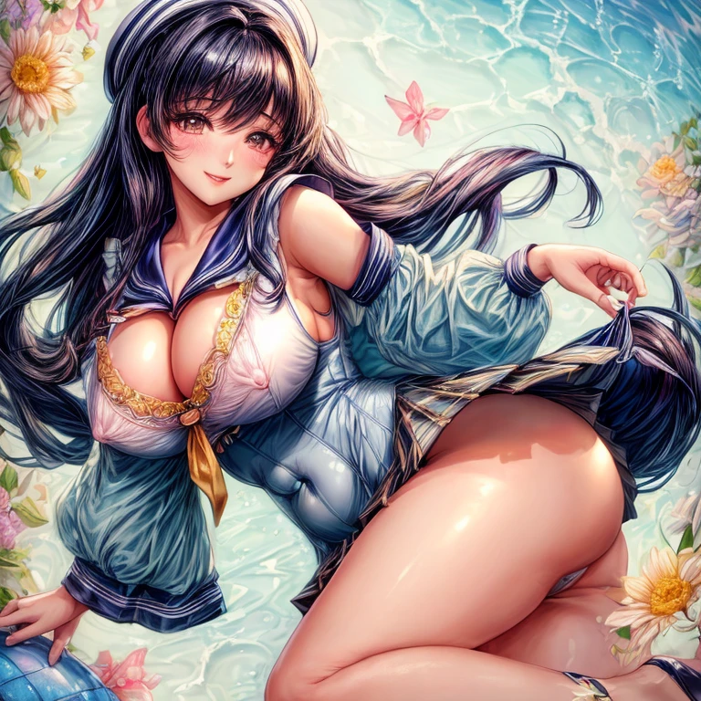 (highest quality, 4K, 8K High Resolution, masterpiece:1.2), Very detailed, one person, woman, (ＪＫ, , Sailor suit, Pleated skirt),(Black Hair:1.2, Straight long hair), Lingerie Shop, Confusing product selection, smile, Hopeful, Cute underwear neatly arranged, Colorful underwear, light up, Soft and delicate texture, impressive, Bright colors彩, Delicate fabrics, Attention to detail,Beautiful fine details, Beautiful lip detail, Long eyelashes, Bright colors, Soft and warm color palette,Camel Toe、Giant tit、Nipple Puffs、Cleavage、Plump、Super big breasts、Super big butt