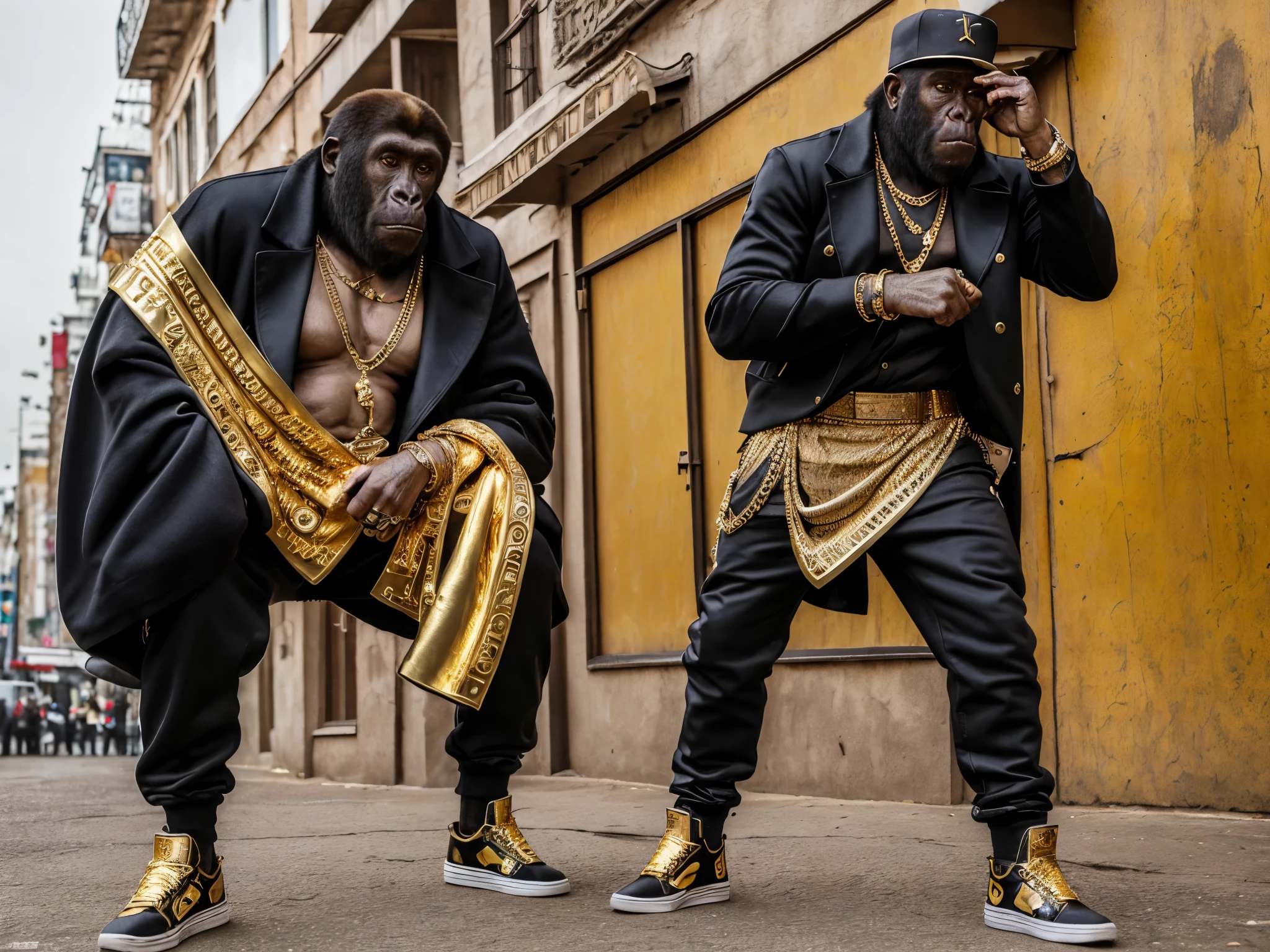masterpiece, best quality, photo realistic ,fashion monkey, gorilla , gold, jewelry, gangster clothing with the look of hip hop king styling