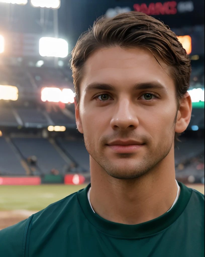 realistic, masterpiece, ((torso up picture of handsome 35 year old desirable caucasian man with distinguished features standing on the field at Yankee Stadium)), ((blue shirt, light brown medium length hair, cropped sides, no facial hair, clean shaved face, intriguing green eyes)), athletic build, tall height, seductive smile with a gentle expression, detailed depiction of facial features, perfectly symmetrical face, crisp details, bright outdoor lighting masterfully accentuates his excellent features