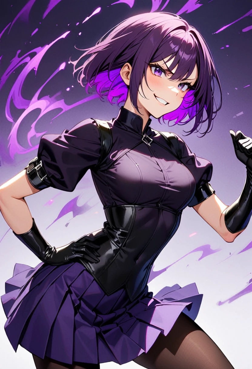 A young woman, 24-years-old, solo, Caucasian, mature face, slender figure, (short hair, dark purple hair, magenta hair, gradient hair, multicolored hair, two-tone hair, purple eyes, angry smile, purple lipstick:1.2), (dark purple dress shirt, puffy sleeves, short sleeves, long black elbow gloves, black corset, dark purple pleated skirt, black tights:1.3), purple background, purple swirls of ink in background