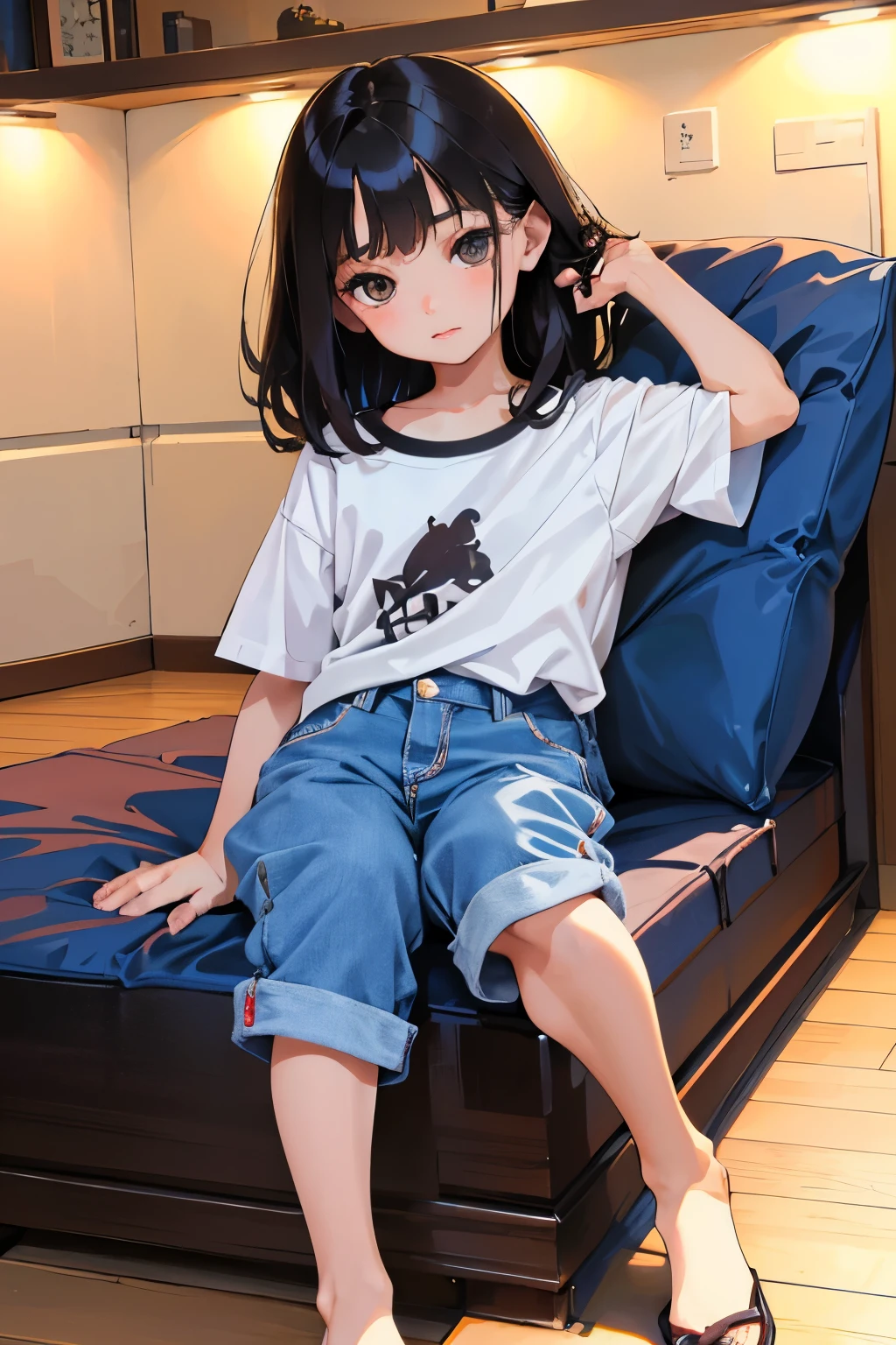 Waliza on the table，Curtsey，child，（​masterpiece，Highest Quality），(shortsleeves，Wearing a plain black T-shirt，Onepiece)，Sleepy face，Round eyes，A dark-haired，Semi-long bob，bare-legged