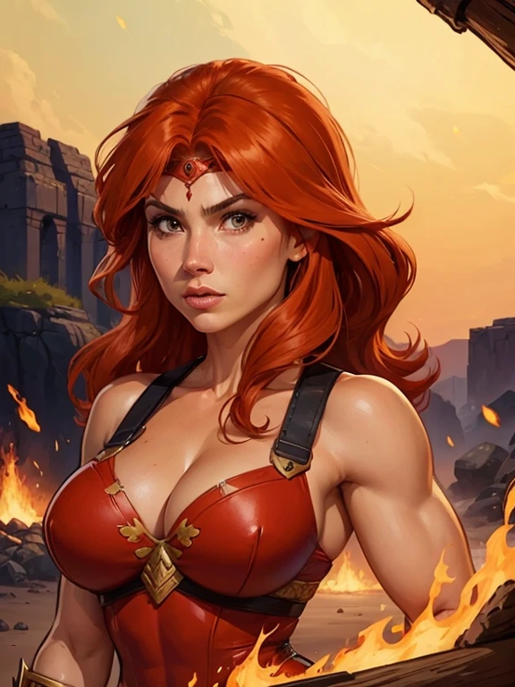 8k, digital painting, Comic Babes,a woman with a sword and armor in the fire, female barbarian, barbarian woman warrior, very beautiful female barbarian, a very beautiful berserker woman, portrait of a barbarian female, northern warrior, warrior, red-haired queen in heavy red armor, barbarian class, north adult warrior, female warrior, David Finch, barbarian, cavewoman, female redhead templar