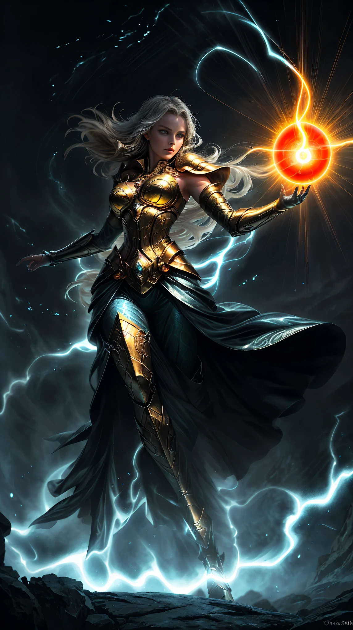 (Close Up Full Body Image of a Woman Sorceress: 1.4) [Jennifer_Lawrence|Margot_Robbie]
(Power coursing through her veins: 1.3) with a look of intense focus,
(Dramatic Lighting: 1.4) casting hyper-realistic textures across her body,
(Glowing veins visible under skin: 1.3) pulsating with raw energy,
(Eyes radiating energy: 1.2) burning with an ethereal brilliance,
Detailed magical robes adorned with intricate patterns,
(Energy aura surrounding her: 1.3) shimmering and swirling, a testament to her arcane prow