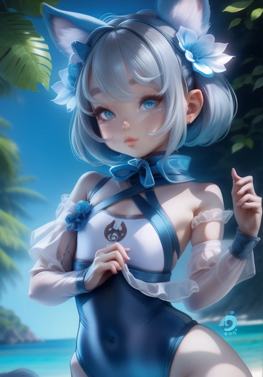 girl、、Bink、leotard、whole body。blue eyes、Gray Hair、functional、Seductive pose、front、noon、Outdoor、garden、Beach、No cat ears。