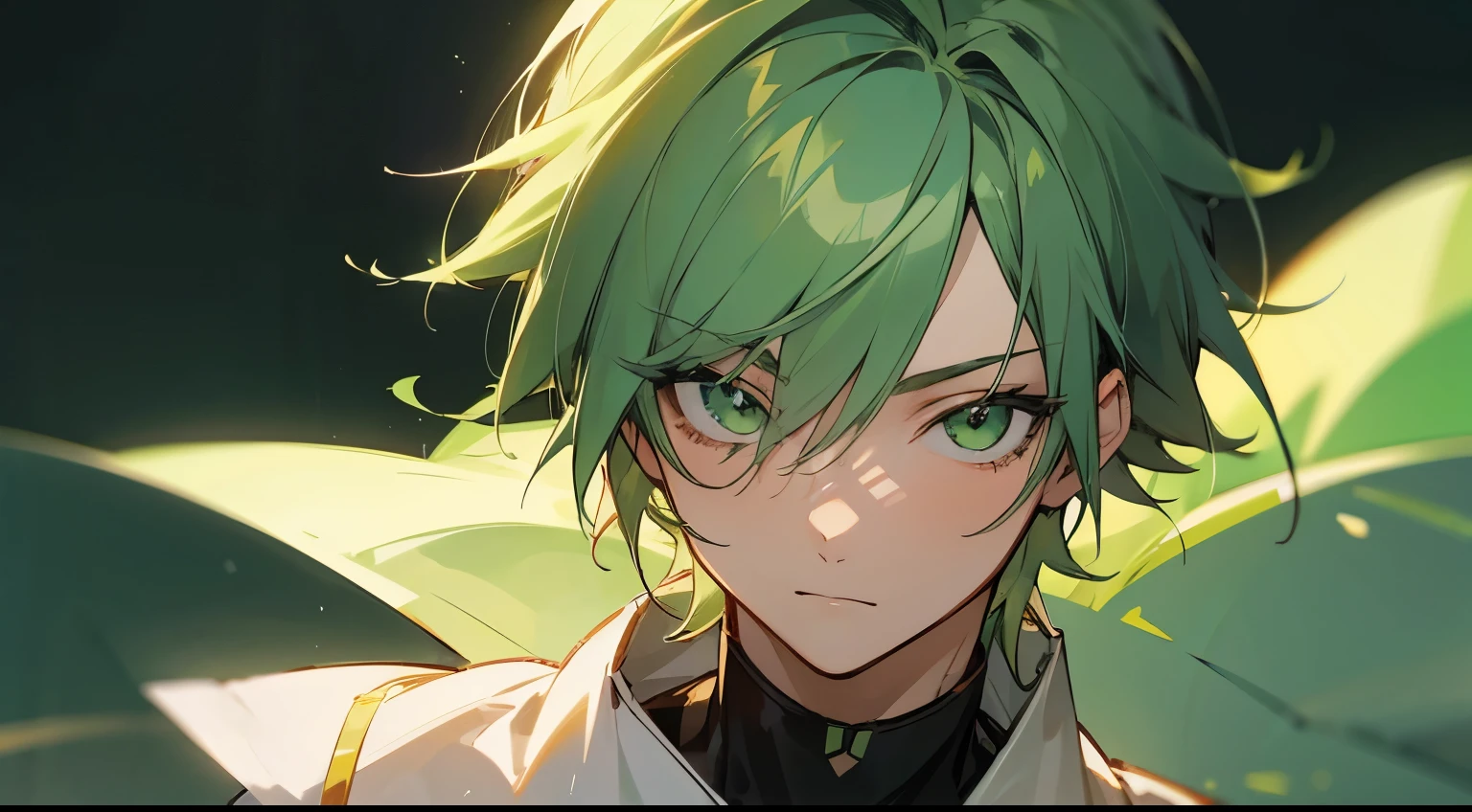 Anime male, green hair, green eyes, Quiet