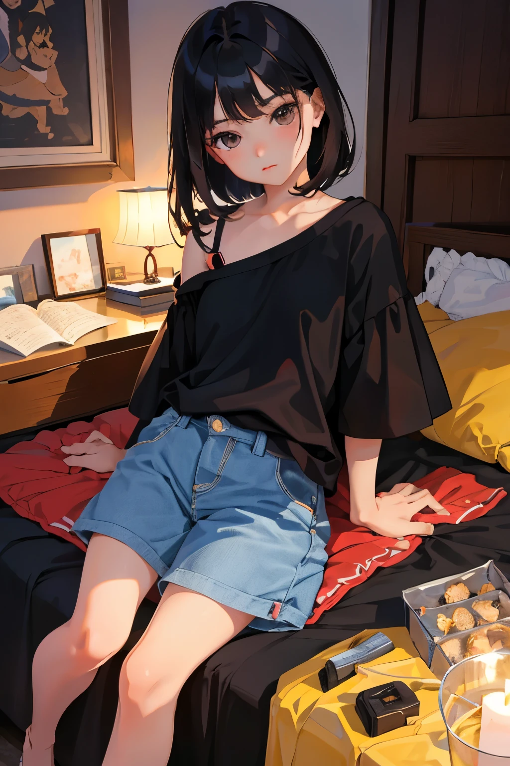 (child)，highest quality，Beautiful face in every detail，cute，Dark brown eyes，(背の低いcute女の子，Small young student，Young delicate girl）,（masterpiece，Top quality)，Black Hair，Sleepy expression，Short sleeve，Short jeans