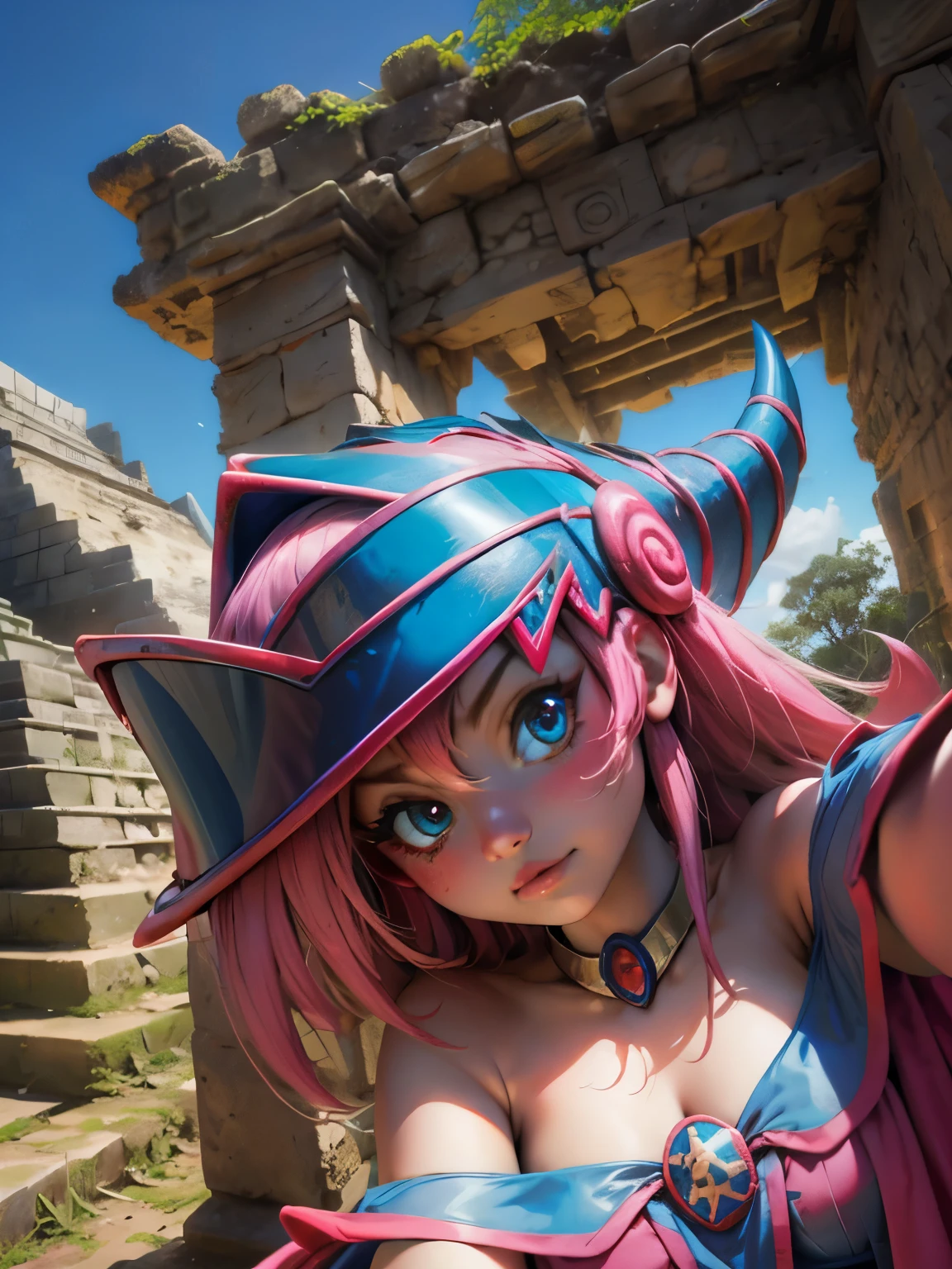 Dark magician taking a selfie in some Mayan ruins. Ella tiene cabello rubio. ojos azules. Labios rojos. Se toma una selfies en unas ruinas mayas. Selva y jaguares a si alrededor