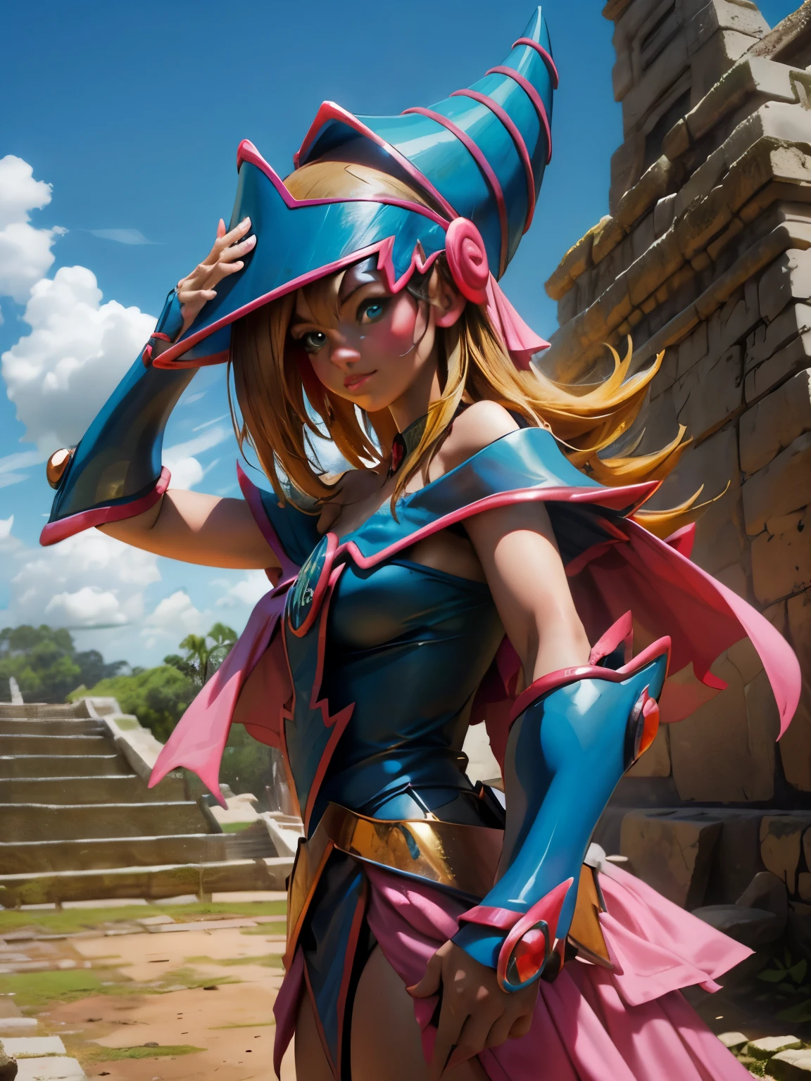 Dark magician taking a selfie in some Mayan ruins. Ella tiene cabello rubio. ojos azules. Labios rojos. Se toma una selfies en unas ruinas mayas. Selva y jaguares a si alrededor