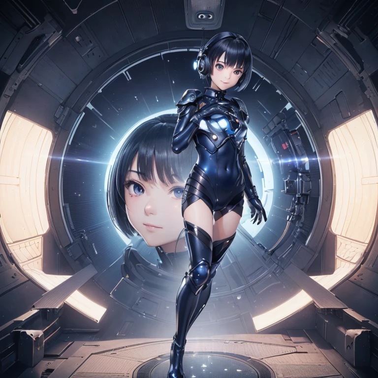 (masterpiece、highest quality、Highest Resolution、clear_image、Detailed explanation、Top view): (Full body portrait、One 20 year old girl、The Face of Japan、Small face、thin、Navy blue super short bob cut hair、(Hidden Small:1.3)、Sparkling blue eyes、Blue and black shiny pilot suit、Armor to protect the chest、Tight fitting clothes、Clothing that covers the entire body、Shiny clothes、Tight Fit Pants、Hide your skin、Very delicate and beautiful、Detailed skin、hide thighs、Hide your ass、Cute type、A kind smile、Soft look、heroine、headset、Knee-high boots、Elbow-length gloves、Eye-level shot、Facing forward、Woman on a spaceship)