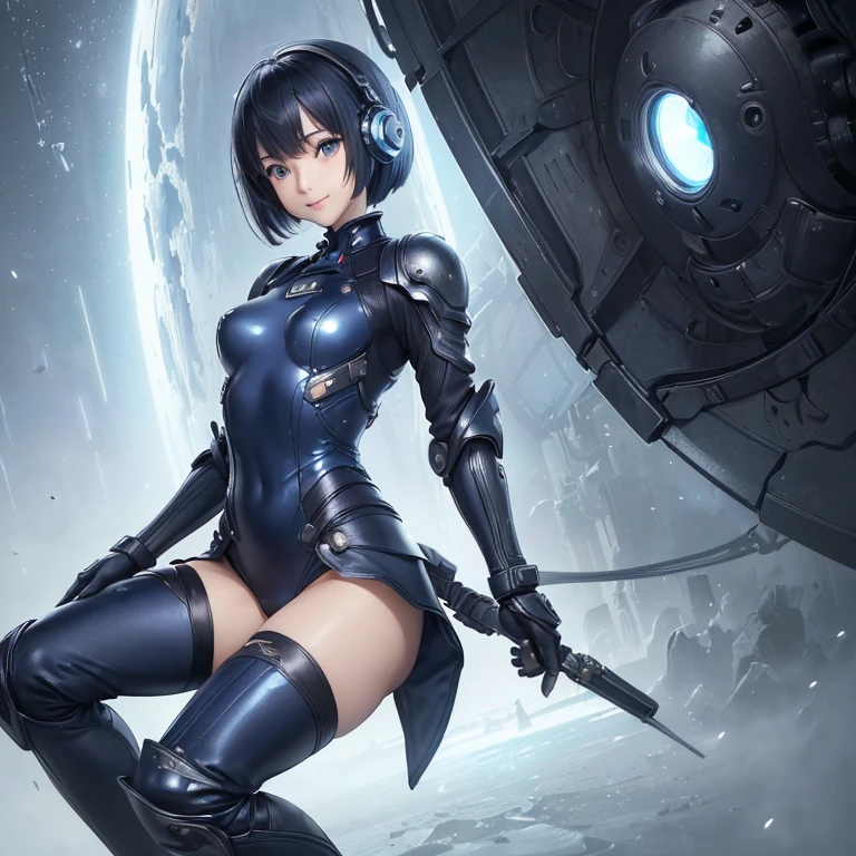 (masterpiece、highest quality、Highest Resolution、clear_image、Detailed explanation、Top view): (Full body portrait、One 20 year old girl、The Face of Japan、Small face、thin、Navy blue super short bob cut hair、(Hidden Small:1.3)、Sparkling blue eyes、Blue and black shiny pilot suit、Armor to protect the chest、Tight fitting clothes、Clothing that covers the entire body、Shiny clothes、Tight Fit Pants、Hide your skin、Very delicate and beautiful、Detailed skin、hide thighs、Hide your ass、Cute type、A kind smile、Soft look、heroine、headset、Knee-high boots、Elbow-length gloves、Eye-level shot、Facing forward、Woman on a spaceship)