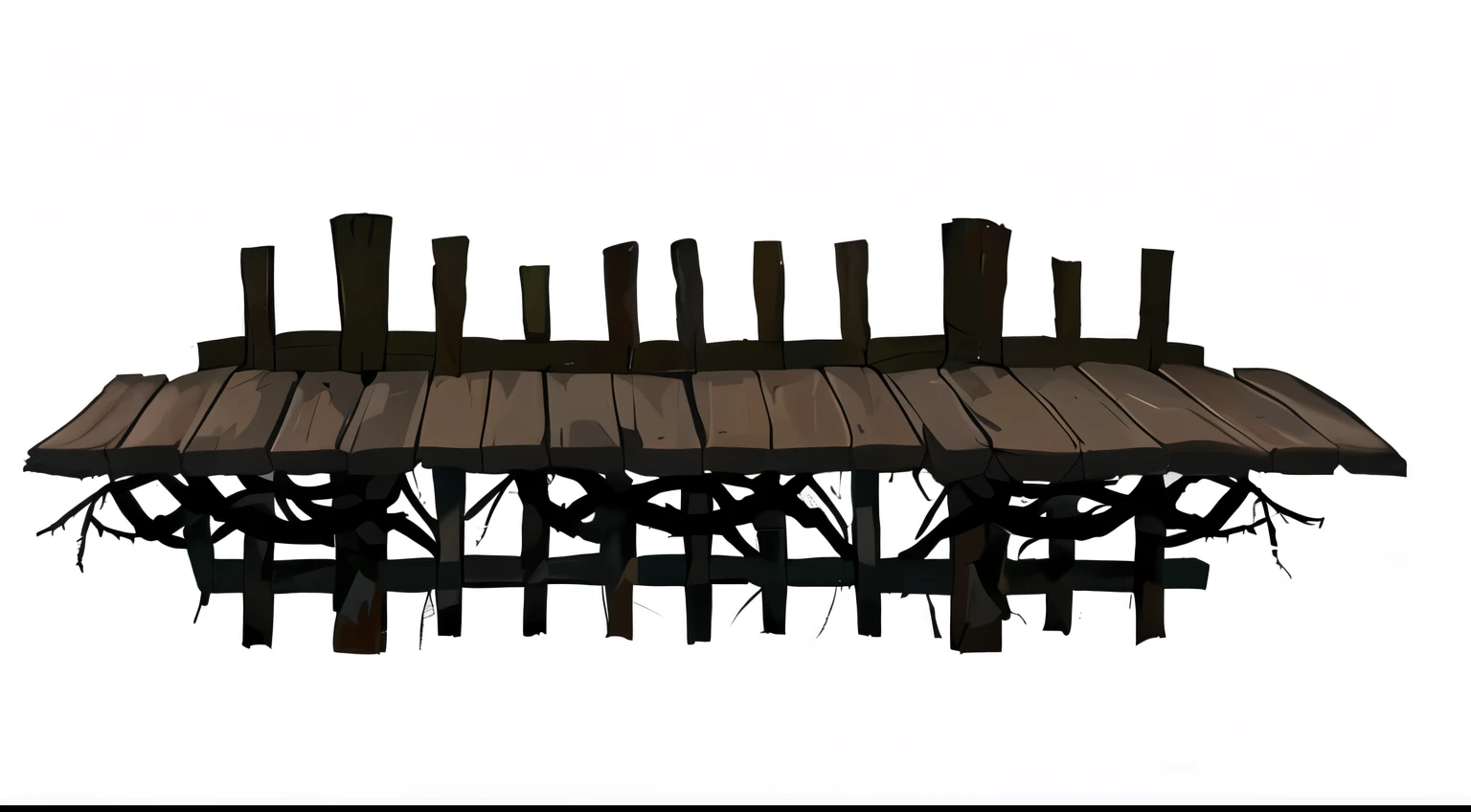 there is a wooden bench with a bunch of sticks, Ponte de madeira, fundo de espinho. d&d, ativo do jogo, painted as a conceito de jogo art, Ponte da Vinha danificada, seperated ativo do jogo, conceito de jogo, 2d ativo do jogo, doca pequena, arte de fundo, Arte conceitual estilizada, mobile ativo do jogo, fortemente estilizado, game render