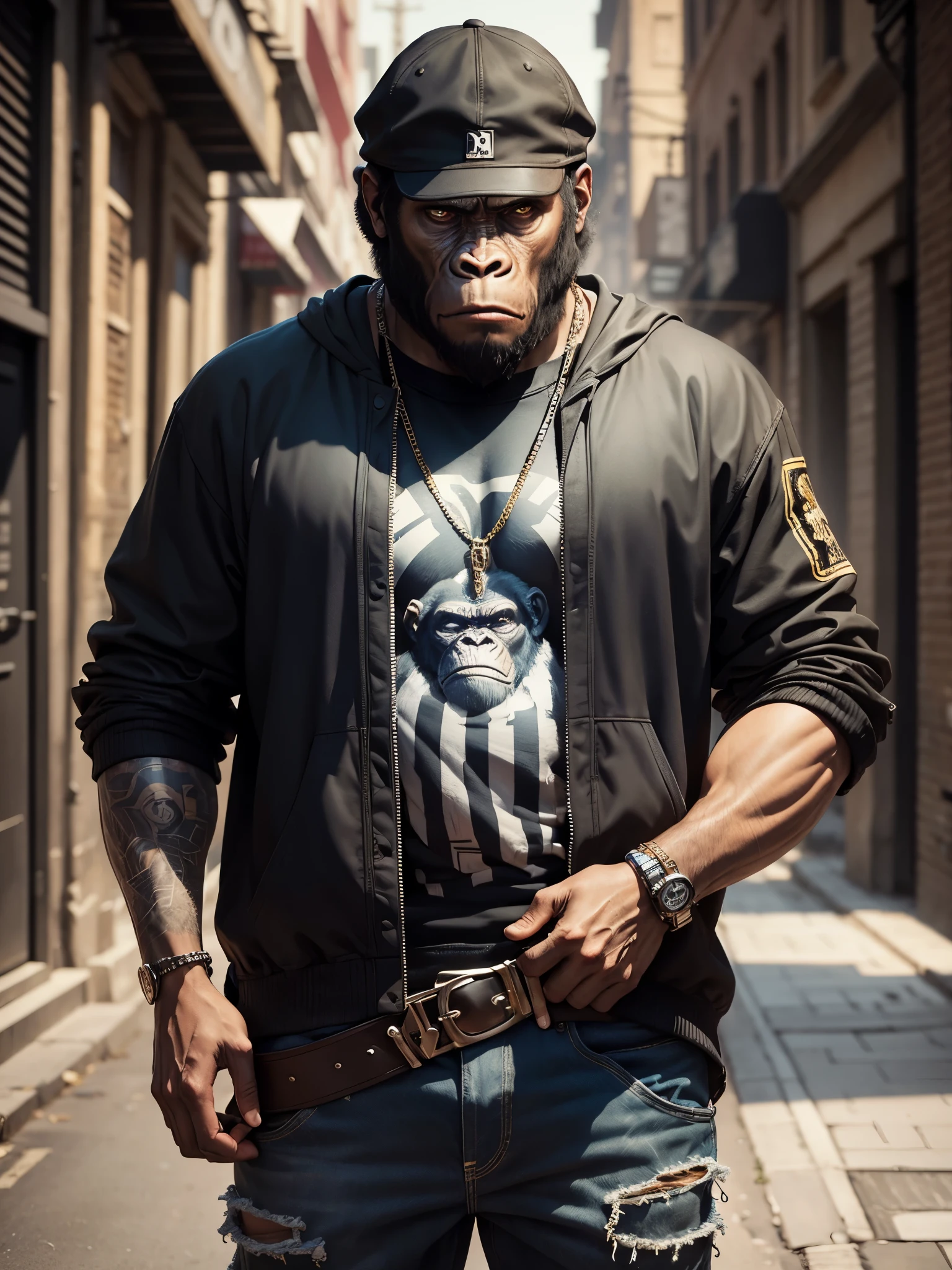 masterpiece, best quality, planet of the apes ,fashion monkey, gorilla , gangster clothing with the look of hip hop king