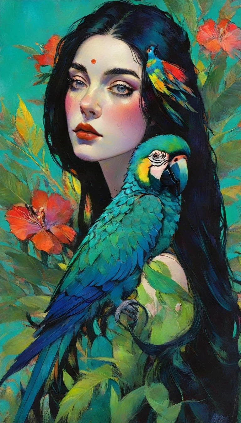 a beautiful brunette woman with long flowing dark hair, detailed eyes, nose and lips, flowers and leaves adorning her head, a vibrant parrot perched on her shoulder, highly realistic, photorealistic, master painting by malcolm liepke, cinematic lighting, vivid colors, dramatic lighting, intricate details, elegant pose, mystical atmosphere, epic fantasy, magical realism