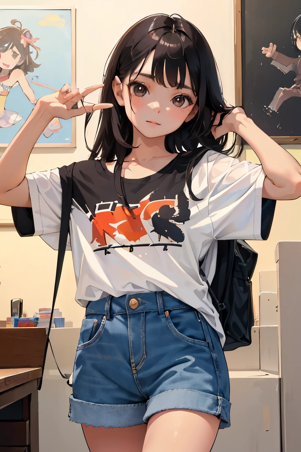 (child)，highest quality，Beautiful face in every detail，cute，Dark brown eyes，(背の低いcute女の子，Small young student，Young delicate girl）,（masterpiece，Top quality)，Black Hair，Sleepy expression，Short sleeve，Denim skirt