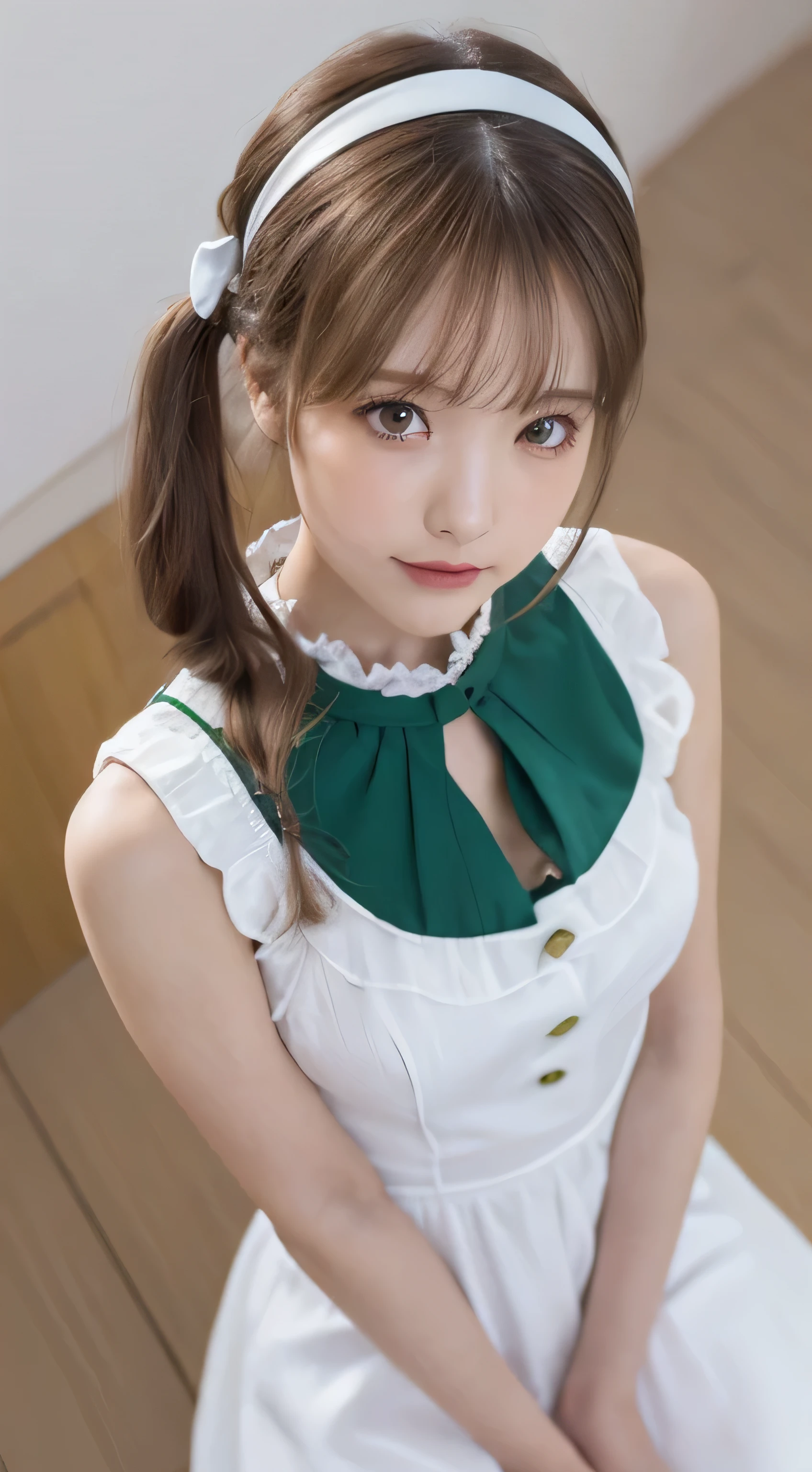 Tabletop, highest quality, shape, Very detailed, In detail, High resolution, 8k wallpaper, Perfect dynamic composition, ((close:1.3, From above, View your viewers)), Beautiful details , (Wearing a cotton maid outfit, , Cute Ruffle Girl Dress, Maid's headband, Base color is white、black、green),Twin tails