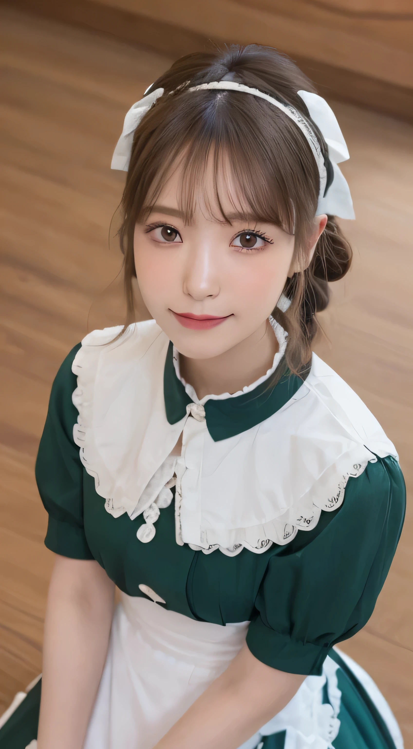 Tabletop, highest quality, shape, Very detailed, In detail, High resolution, 8k wallpaper, Perfect dynamic composition, ((close:1.3, From above, View your viewers)), Beautiful details , (Wearing a cotton maid outfit, , Cute Ruffle Girl Dress, Maid's headband, Base color is white、black、green),Twin tails