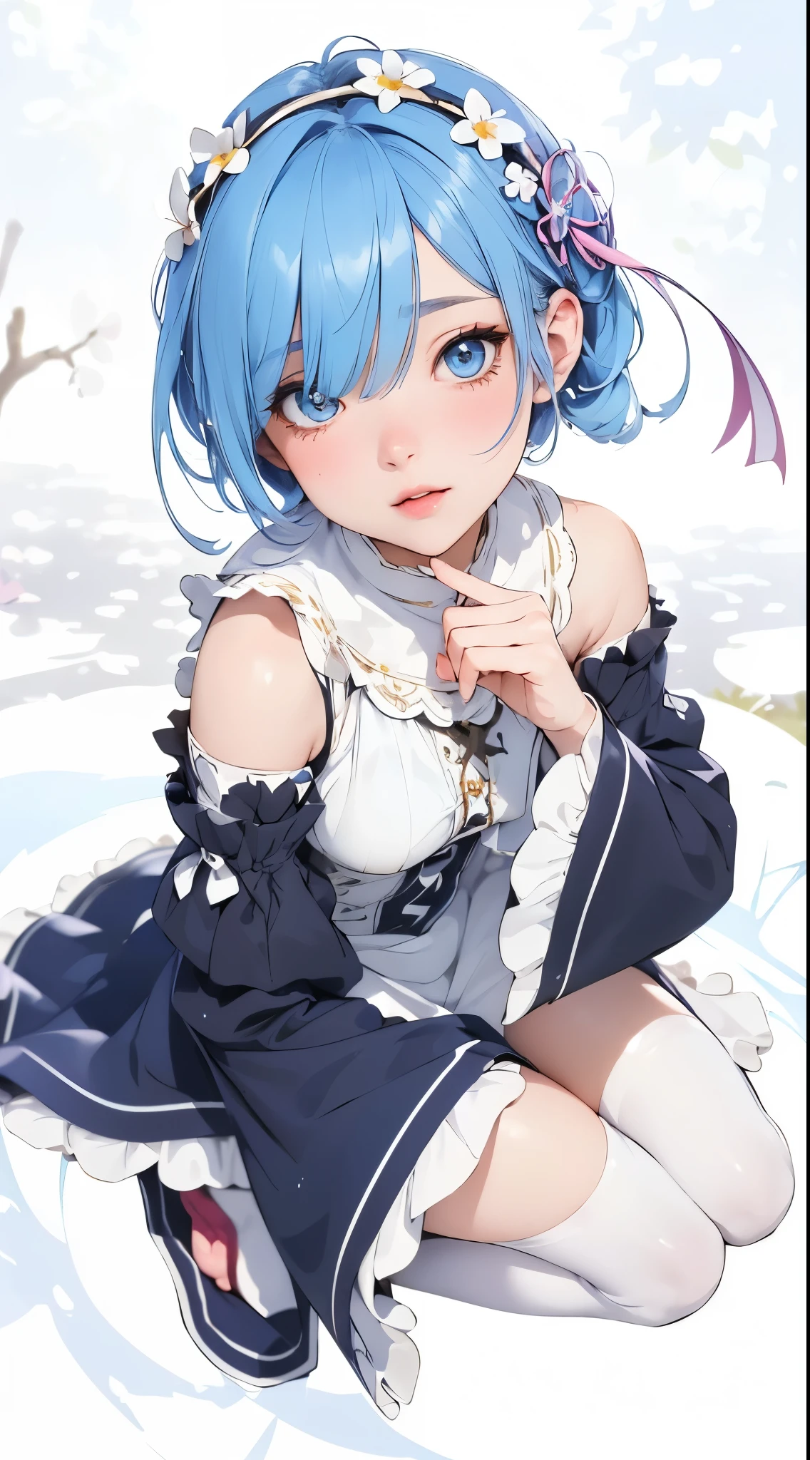 (best quality,4k,highres,masterpiece:1.2),ultra-detailed,realistic,hdr,anime,girl,blue hair,white dress,rem rezero,beautiful detailed eyes,beautiful detailed lips,sitting on the ground,wildflowers around her,sunlight filtering through the trees,peaceful atmosphere,vibrant colors,soft shadows,dreamy style