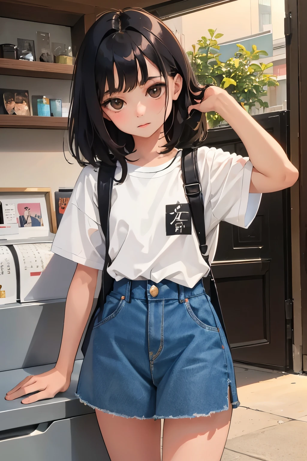 (child)，highest quality，Beautiful face in every detail，cute，Dark brown eyes，(背の低いcute女の子，Small young student，Young delicate girl）,（masterpiece，Top quality)，Black Hair，Sleepy expression，Short sleeve，Denim skirt