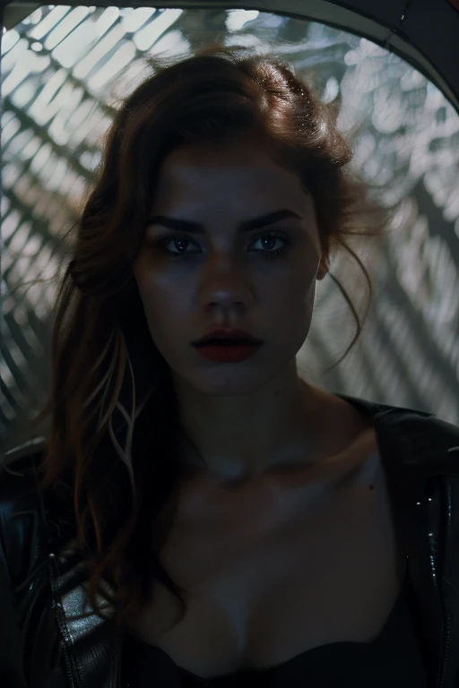 (((ultra realista))) Foto, Obra maestra, calidad superior, pale skin, spnrisa malvada. (Cara y ojos ultra detallados.:1.2), 1 chica, gloomy atmosphere, fondo oscuro, (maquillaje de ojo, ((pelo ondulado oscuro)) , ((peinado con estilo)) , pechos naturales, [[cintura delgada, cuerpo delgado]] . ((posando)) , (curvas del cuerpo), En Lifchik, Photoshoot, studio (Contour lighting), (El juego de luces y sombras), profundidad de campo, bokeh, (Special attention to leather details..: 1.2), textura de cuero detallada, poros de la piel, ((Dark and gloomy atmosphere frame. color combination - black, gris, pale, Montones)), (film grain, efecto vhs), (Brillar) , ((rayos)) , ((retrato de primer plano, close to the camera)) , ultra detialed, labios pintados de carmin, a luminous red figurine is seen through the glazed grid of a window, vidrios color caramelo