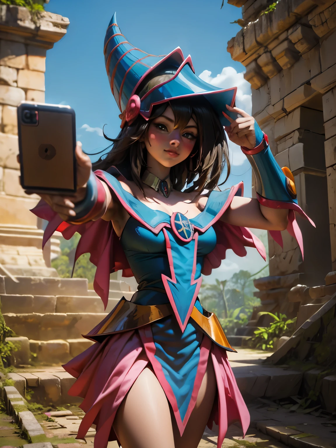 Dark magician taking a selfie in some Mayan ruins. Ella tiene cabello rubio. ojos azules. Labios rojos. Se toma una selfies en  unas ruinas mayas. Selva y jaguares a si alrededor 