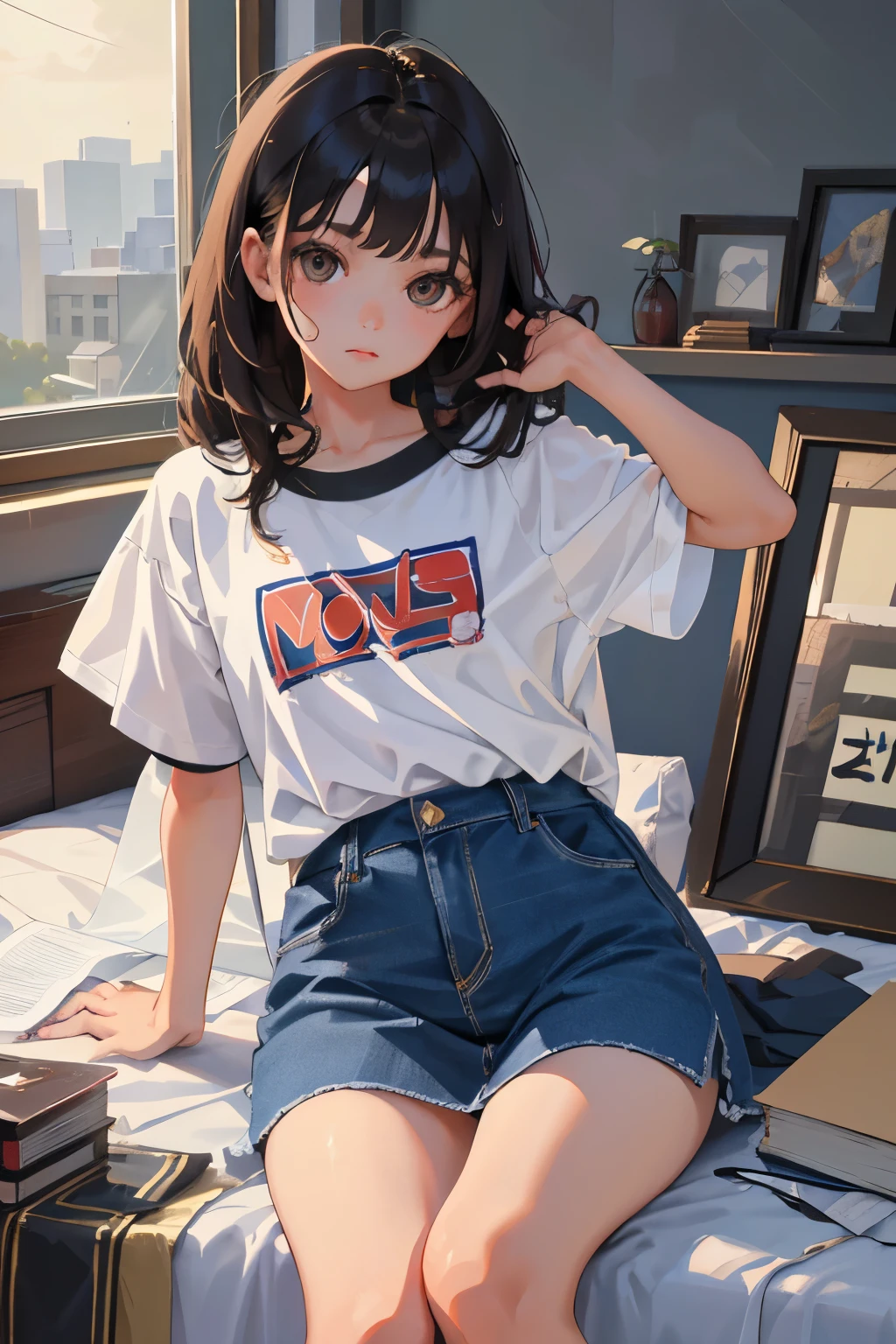 (child)，highest quality，Beautiful face in every detail，cute，Dark brown eyes，(背の低いcute女の子，Small young student，Young delicate girl）,（masterpiece，Top quality)，Black Hair，Sleepy expression，Short sleeve，Denim skirt