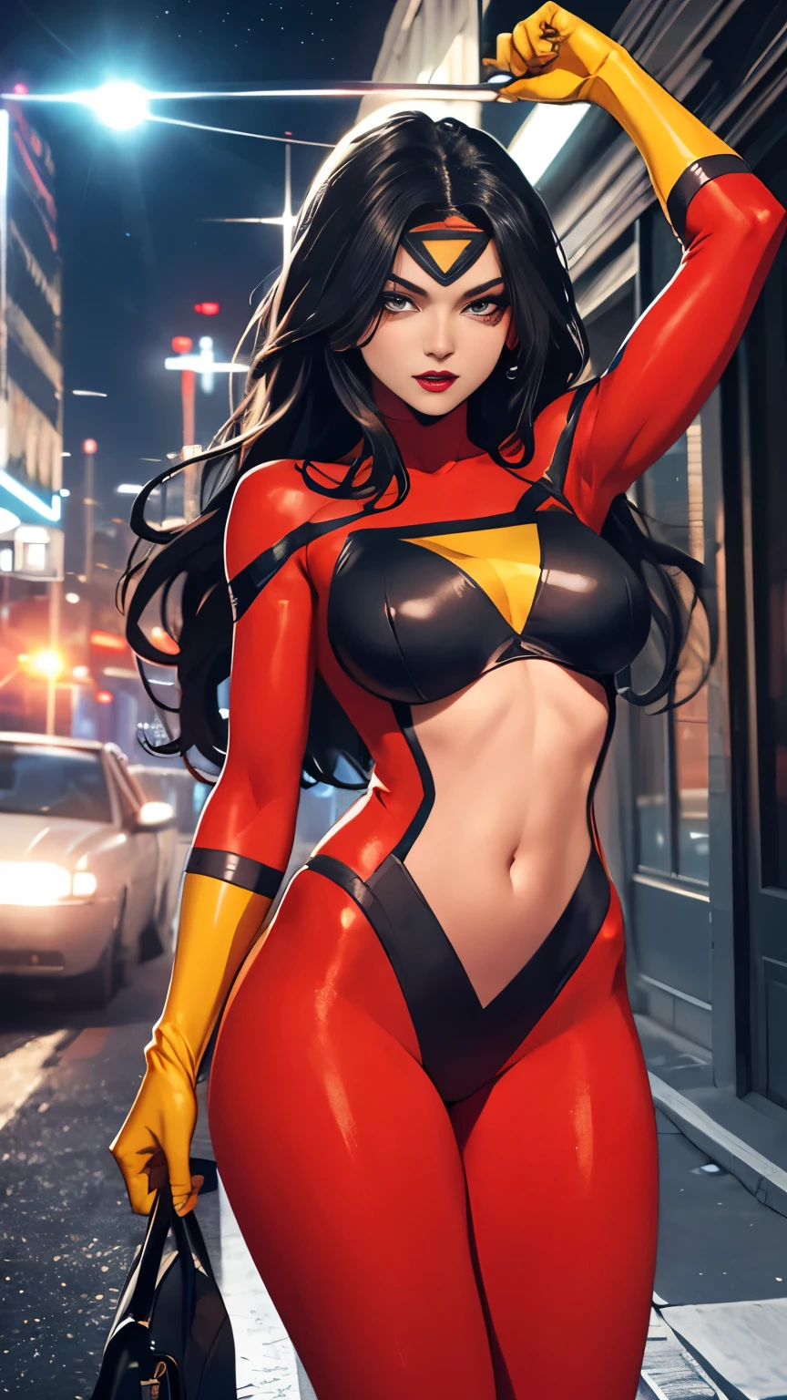 (Highly quality, masterpiece, detailed), Night city detailed scenario, Night city detailed background, 20 years old girl, Jessica_Drew_aiwaifu, long hair,black hair,large breasts,lips,lipstick,makeup, toned,superhero,gloves,red top, red bottom,yellow gloves,shiny clothes,yellow top, yellow bottom,thighs,latex, crop top, Abdomen, Navel, beautiful eyes, perfect eyes, looking at the viewer, Sexy pose