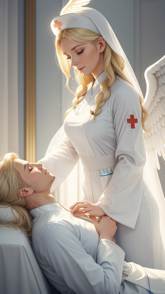 A vision of divine grace tending to a patient, a celestial nurse with a halo-like aura enveloping her. Clad in pristine white attire, her uniform accentuates her ethereal beauty and physique. Her flowing blonde hair cascades around her shoulders, creating a divine harmony. The patient's room is dimly lit, casting long shadows and creating a serene atmosphere. A soft, ethereal glow emanates from the angelic nurse, illuminating the room and the patient's face. Her wings, though not visible, are concealed beneath her sleeves, hinting at her divine nature. The patient lies peacefully, their eyes gazing