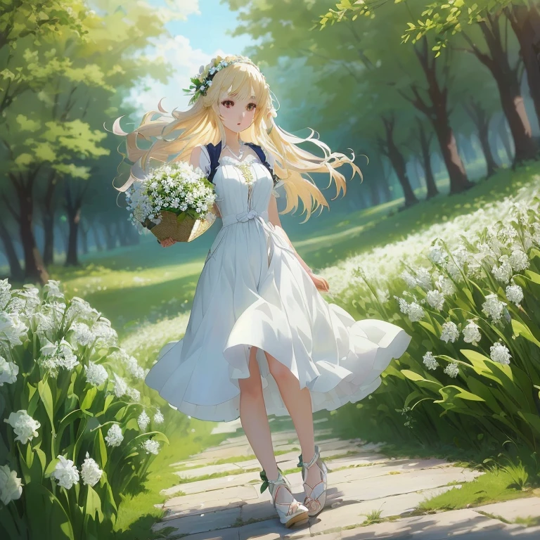 anime girl in a white dress holding a basket of flowers, in dress, blonde anime girl with long hair, official artwork, cushart krenz key art feminine, goddess of spring, anime lush john 8k woods, cute anime waifu in a nice dress, smooth anime cg art, high detailed official artwork, beautiful maiden, beautiful anime