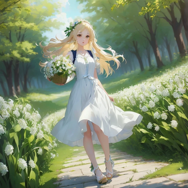 anime girl in a white dress holding a basket of flowers, in dress, blonde anime girl with long hair, official artwork, cushart krenz key art feminine, goddess of spring, anime lush john 8k woods, cute anime waifu in a nice dress, smooth anime cg art, high detailed official artwork, beautiful maiden, beautiful anime