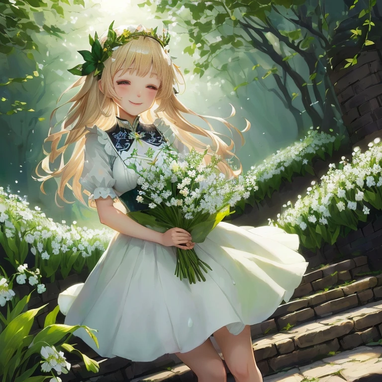anime girl with flowers in her hand walking down a path, a maid in a magical forest,  in dress, smiling as a queen of fairies, cute anime waifu in a nice dress, guweiz on pixiv artstation, goddess of spring, she is the center of the garden, the non-binary deity of spring, splash art anime 