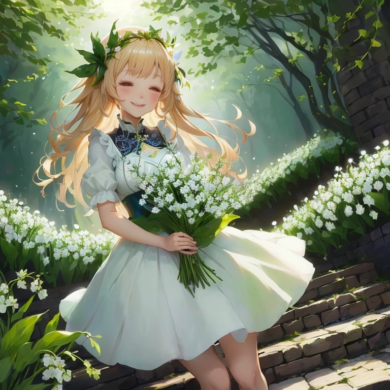 anime girl with flowers in her hand walking down a path, a maid in a magical forest, in dress, smiling as a queen of fairies, cute anime waifu in a nice dress, guweiz on pixiv artstation, goddess of spring, she is the center of the garden, the non-binary deity of spring, splash art anime