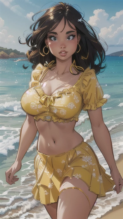 8k, digital painting, Comic Babes, puffy woman in yellow shirt and skirt walking on the beach, beautiful yellow woman, beautiful comic art, by Eugênio Granell, by José Comas Quesada, digital comic art, fully clothed. painting of sexy, in a yellow bikini, exquisite highly detailed fanart in digital illustration style, hot and sunny highly detailed in a yellow bikini