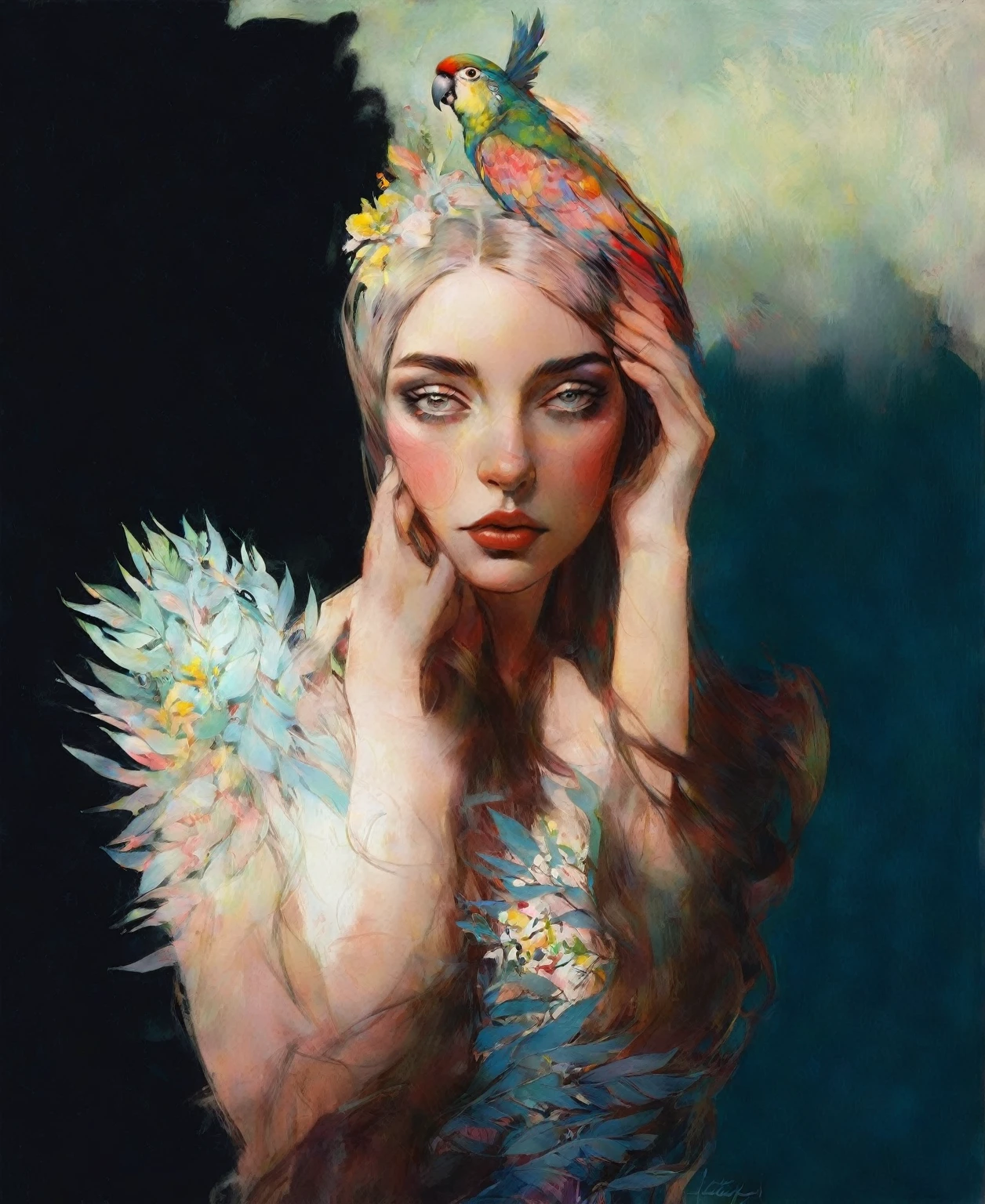 a beautiful brunette woman with long flowing dark hair, detailed eyes, nose and lips, flowers and leaves adorning her head, a vibrant parrot perched on her shoulder, highly realistic, photorealistic, master painting by malcolm liepke, cinematic lighting, vivid colors, dramatic lighting, intricate details, elegant pose, mystical atmosphere, epic fantasy, magical realism