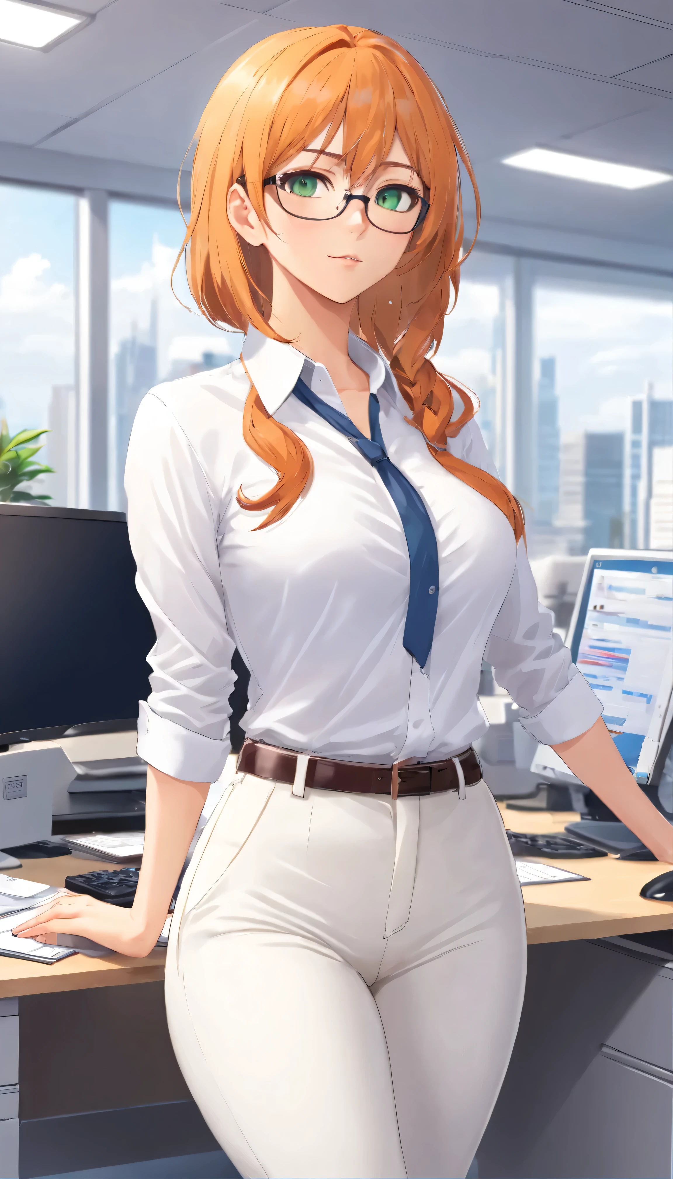 (masterpiece, Best quality), 8K, ultra detailed, realistic photo, Detailed face, perfect lighting, green eyes, bright orange hair, bright hair, fox ears, nice legs, side photo, beautiful, Cute, skin pores, 1 girl, stand in the office, hiking, Office pants, perfect shirt, fully dressed, beautiful women 30 years old, Beautiful proportions, Russian woman, Caucasian, European, Business lady, stunningly beautiful woman, mother, thick legs, show ass, big breasts, (Thin white shirt:1.4), thick, hot, (White Office Wear:1.4), tight pants, (wide hips:1.2), thick, (white Office pants:1.3), spread your legs, Legs open, full length, wide hips, Glasses
