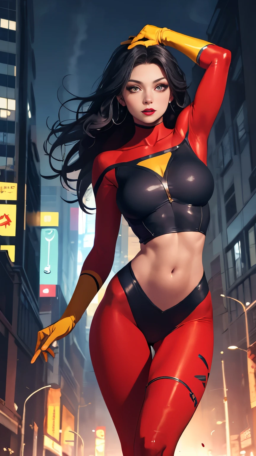 (Highly quality, masterpiece, detailed), Night city detailed scenario, Night city detailed background, 20 years old girl, Jessica_Drew_aiwaifu, long hair,black hair,large breasts,lips,lipstick,makeup, toned,superhero,gloves,red top, red bottom,yellow gloves,shiny clothes,yellow top, yellow bottom,thighs, crop top, Abdomen, Navel, beautiful eyes, perfect eyes, looking at the viewer, Sexy pose