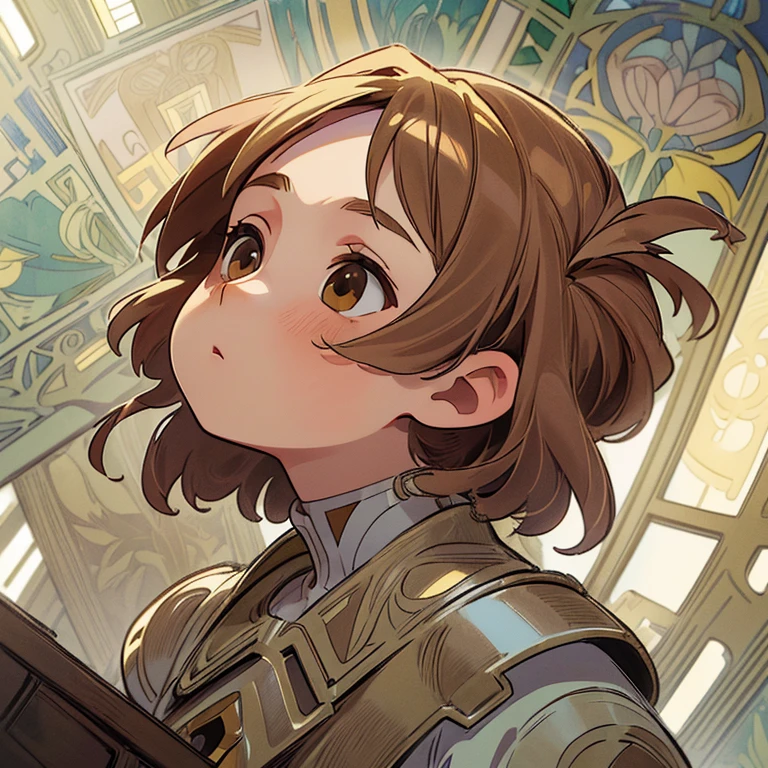 ((masterpiece)), (anime:1.3), ((Best quality)), (Raw photo: 1.2), (a high resolution:1.3), (professional photography:1.2), ( years), profile, from the outside, pale brown hair, golden eyes, Gorgeous white clothes, (Looking up:1.5), Upper body, bright skin, (chiaroscuro), Hair in the air, (Alphonse Mucha:1.3),