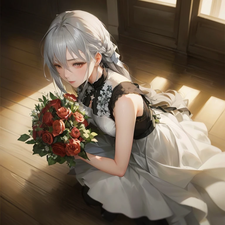 anime girl with long gray hair and black dress holding a bouquet of flowers, in dress, guweiz on pixiv artstation, from girls frontline, guweiz, artwork in the style of guweiz, cushart krenz key art feminine, guweiz on artstation pixiv, anime key visual of elegant, with flowers