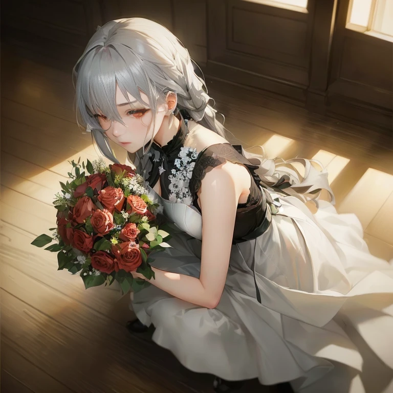 anime girl with long gray hair and black dress holding a bouquet of flowers, in dress, guweiz on pixiv artstation, from girls frontline, guweiz, artwork in the style of guweiz, cushart krenz key art feminine, guweiz on artstation pixiv, anime key visual of elegant, with flowers