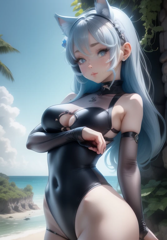 girl、、Bink、leotard、whole body。blue eyes、Gray Hair、functional、Seductive pose、front、noon、Outdoor、garden、Beach、No cat ears。