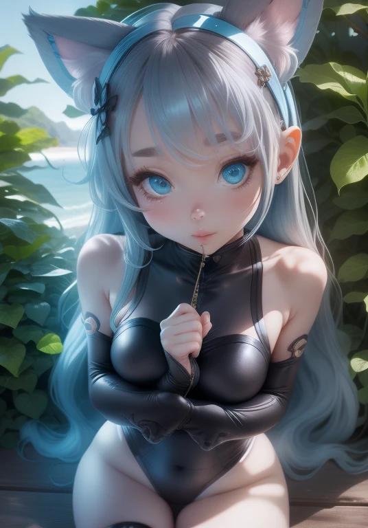 girl、、Bink、leotard、whole body。blue eyes、Gray Hair、functional、Seductive pose、front、noon、Outdoor、garden、Beach、No cat ears。