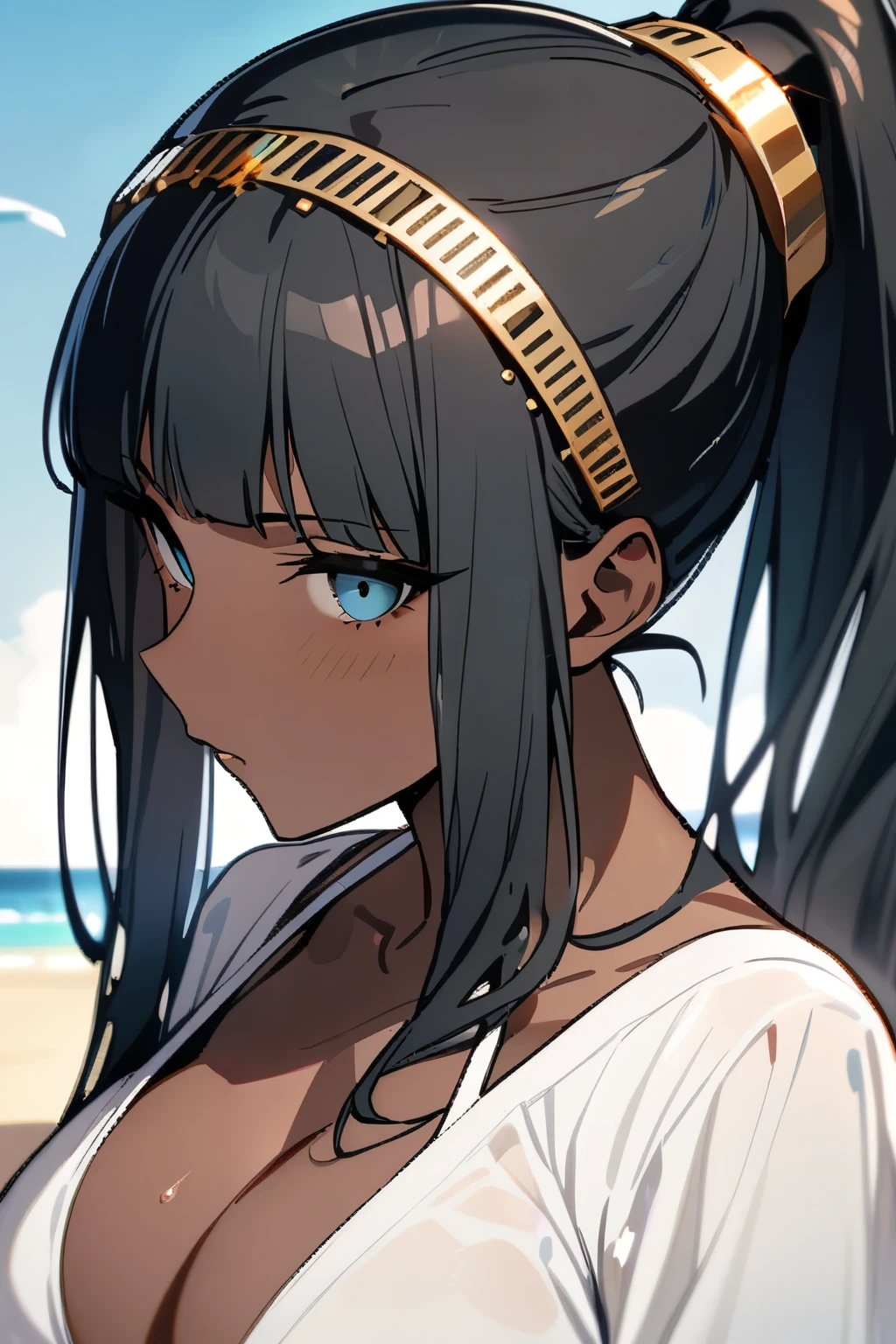 Masterpiece, best quality, beautiful girl, pretty face, Cleopatra, dark skin, ponytail, swimsuit,