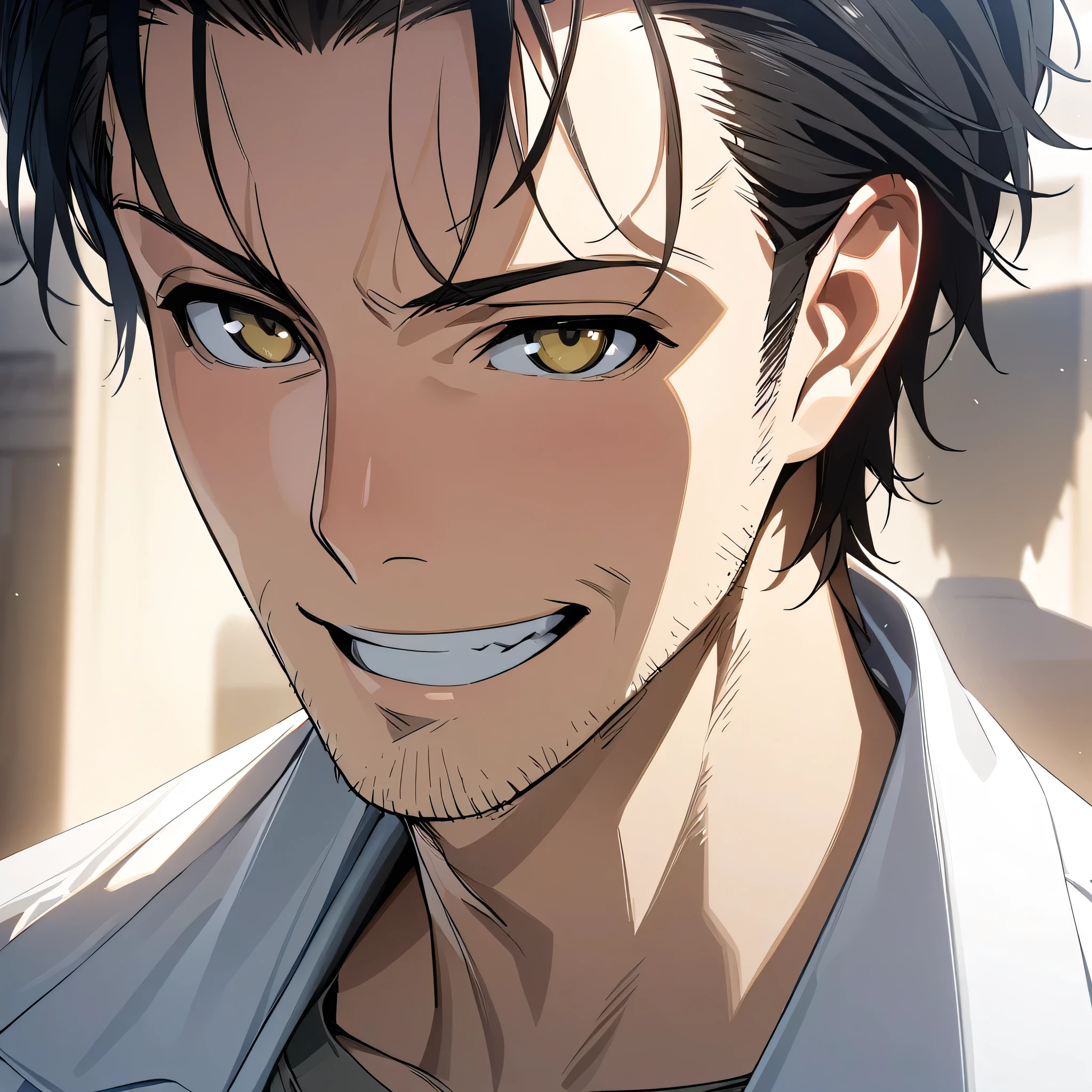 (masterpiece),(best quality),(ultra-detailed),(best illustration),(best shadow),(absurdres),(detailed background),(very aesthetic), okabe rintarou, stubble, black hair, facial hair, labcoat, smile, very close-up, portrait