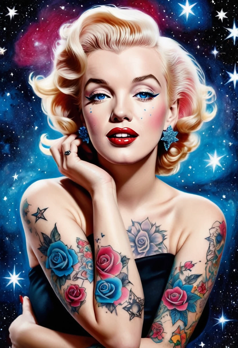 imagen muestra un retrato de Marilyn Monroe con tatuajes en los brazos. Tiene cabello rojo , azul y rubio y ojos azules brillantes. Sus labios son de un rosa intenso y lleva un vestido negro. She has large, colorful tattoos on her arms and is surrounded by a background of stars.