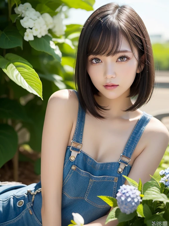 (squat)、(highest quality:1.5)、(Realistic:1.5)、(1 person:1.5)、(Very detailed)、(High resolution)、8k、(naked_overalls)、(Slightly small breasts)、Natural color lips、Cute Smile、20-year-old girl、(Beautiful and elaborate face)、(Perfect and beautiful face)、(Big eyes)、(Beautiful and elaborate face)、(Beautiful, balanced eyes)、Beautiful double eyelids、Perfect and beautiful face、Arched thin eyebrows、Slim face、(Slim figure)、Beautiful and thin nose、 Beautiful Skin、(Medium Bob Hair)、Natural Bangs、Fair skin、Front lighting、(Lighting the face)、Deep blue eyes、Slim waistline、Slim and beautiful legs、hydrangea、garden、