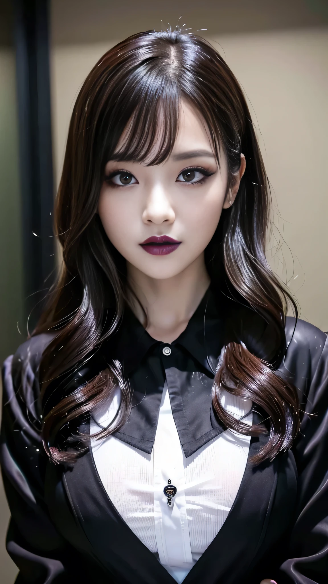 best quality、ultra-detailed、4k、Japanese、Seductive beauty、seductive adult woman、Pretty Woman、cool girl、Villainess、Brainwashed、brainwash、Fallen into evil、smirk、Evil look、Wicked Smile、evil、Brown hair、wavy hair、swept bangs、dark makeup、dark makeup、piercing eyes、hollow eyes,half-closed eyes、Hollow Eyes、purple Eyeshadow、black lipstick、black lipglos、pantyhose、Are standing、Dark Costume、Costume of Evil、female cadres、night、inside darkroom、face mask、Have a face、Emblem of Evil、Crest of Darkness、Swear allegiance、I have pledged my allegiance、Dye black、Blackening、Stained with evil、Dyed in darkness、Seduce